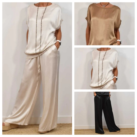 Women's satin short sleeve top and pants two-piece set